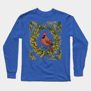 Kentucky Cardinal Bird With Yellow Flower Wreath Long Sleeve T-Shirt